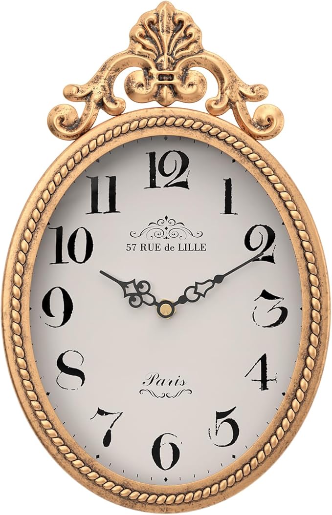 Abdurey Small French Retro Decor Wall Clock,Antique Gold Vintage Oval Style | Silent Battery Operated Boho Decorative Wall Clocks for Farmhouse,Kitchen,Bedroom,Bathroom(10.4"H x 6.7"W)