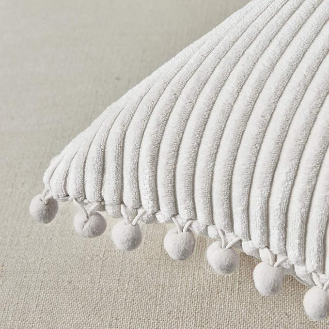Fancy Homi 22x22 Pillow Covers, Pack of 2 Cream White Throw Pillow Covers with Pom-poms, Super Soft Corduroy Square Solid Cushion Cover for Couch Sofa Bedroom Living Room 55x55 cm