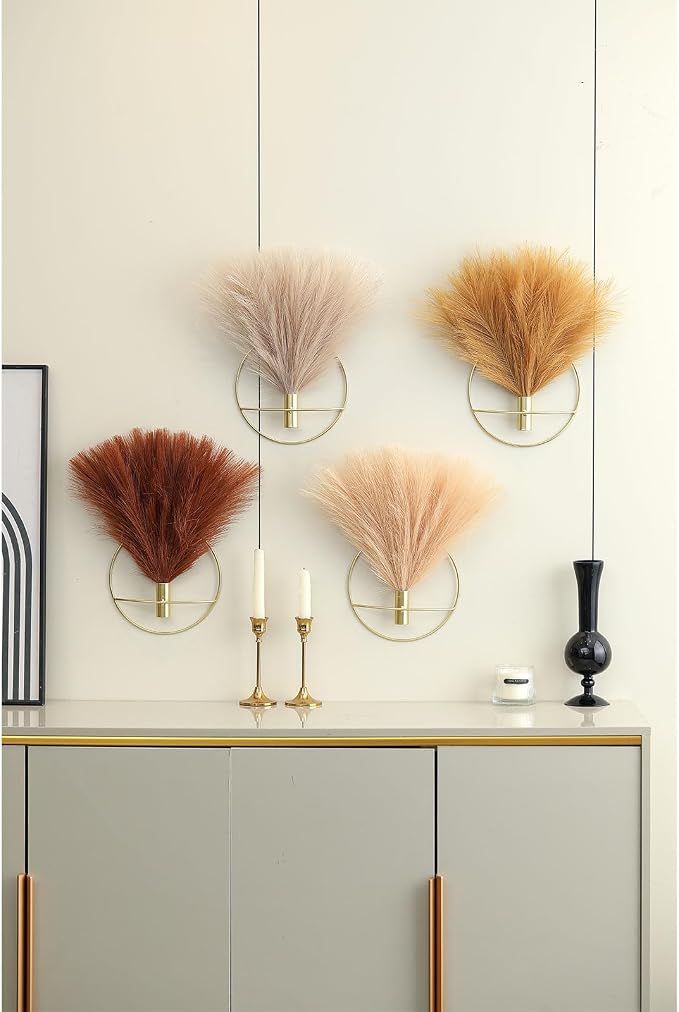 Pretty Jolly Boho Pampas Wall Decor Black Metal Wall-Mounted Art | Morden Artificial Greenery Display，2 Pack Hanging Planter For Living Room, Bedroom, Bathroom, Dining room