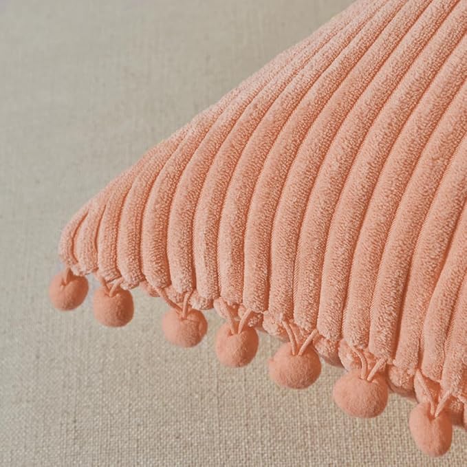 Fancy Homi 2 Pack Peach Lumbar Decorative Throw Pillow Covers 12x20 Inch with Pom-poms for Couch Bedroom Sofa, Farmhouse Boho Home Decor, Soft Coral Corduroy Solid Rectangle Cushion Case 30x50 cm