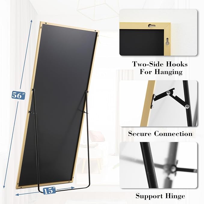 DUMOS 15"x56" Full Length Floor Mirror, Full Body Mirror | Free Standing or Wall Mount, Nano Glass Aluminum Frame, Hanging or Leaning, Modern Simple Home Decor, Gold