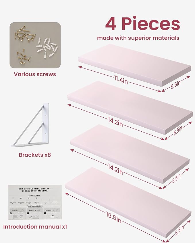 BAYKA Wall Shelves for Bedroom Decor, Pink Floating Wall Shelf for Living Room Kitchen Storage,Mounted Rustic Wood Shelves for Kids Books, Corner Shelf for Bathroom(16in，Set of 4)