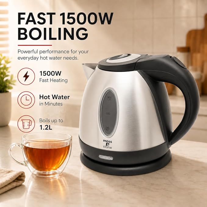 Moss & Stone 1.2L Stainless Steel Small Electric Kettle, Cordless 1500w Fast Boiling Pot, Portable Hot Water Electric Tea Kettle With Boil Dry Protection & Auto Shut-Off