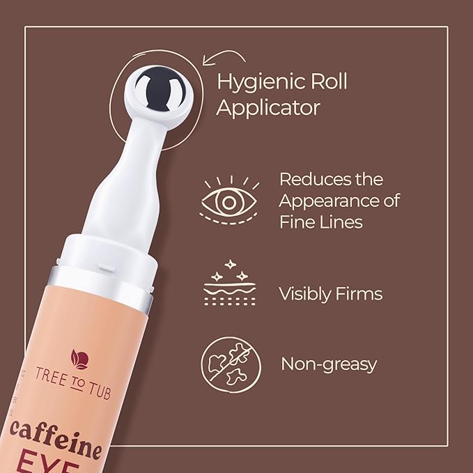 Tree To Tub Caffeine Eye Cream - Hydrating & Firming Under Eye Cream for Dark Circles, Eye Roller for Puffy Eyes, Reduces the Look of Puffiness and Bags, Coffee Eye Cream w/Hyaluronic Acid, Peptides