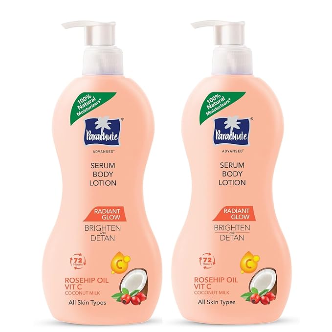 Parachute Advansed Radiant Glow Body Lotion with Coconut Milk, Vitamin-C, Rosehip Oil, Niacinamide, 100% Natural Moisturizers, for All Skin Types, 13.5 fl oz, Pack of 2