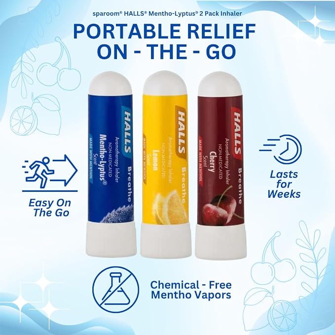 SpaRoom Halls Nausea Relief Nasal Stick – Breathe 3-Pack with Cherry, Lemon & Mentho-Lyptus, Aromatherapy Inhalers with Essential Oils for Sinus Relief, Stress, and Craving Support