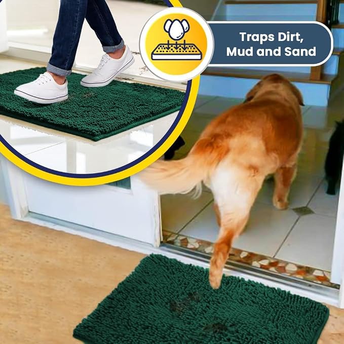 Muddy Mat® | Super Water Absorbent Door Mat Indoor, Microfiber Quick Dry Chenille Entryway Rug, Slip Resistant Front Door Mat, Indoor Mats for Entryway, Machine Washable Pet Rug, Dark Green 20" x 30"