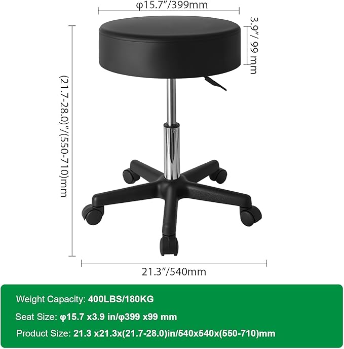 Hydraulic Adjustable Rolling Stool with Wheels, 360° Swivel Office Chair, 400LBS - for Salon, Tattoo, Barber, Massage, PU Leather, Easy-Clean, Whisper-Quiet Casters, Black