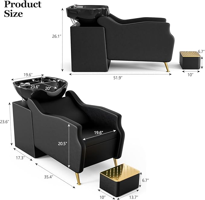 Paddie Shampoo Chair and Bowl for Salon, Backwash Shampoo Station Sink with Ceramic Bowl and Foot Stool, Barbershop Spa Equipment