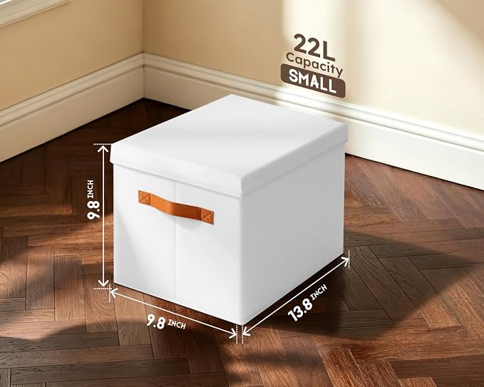 Storage Bins with Lids - Fabric Storage Baskets for Shelves, 6 Pack Foldable Decorative Boxes with Handles, Stackable Organizer Bins for Home, Nursery, Dorm, White