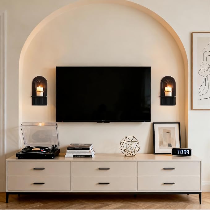 Black Wall Candle Holder: Wood Arch Candle Sconces Set of 2 | Modern Minimalist Shelf, with A Location Board Slot, for Plants Pillars, for Hallway Fireplace Bedroom