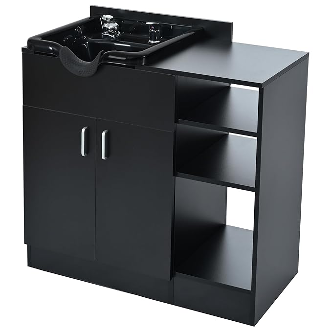 Shampoo Backwash Station for Salons,Salon Station with Shampoo Bowl & Storage Layer,Salon Equipment for Spa Beauty, Black