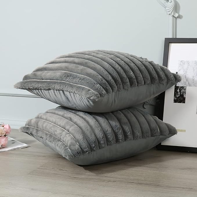 Soleebee Set of 2 Throw Pillow Covers Soft Cozy Velvet Pillowcase Faux Rabbit Fur Cover for Couch Sofa Bed Chair Home Decorative Pillows Cover (18x18 Inch, Grey)