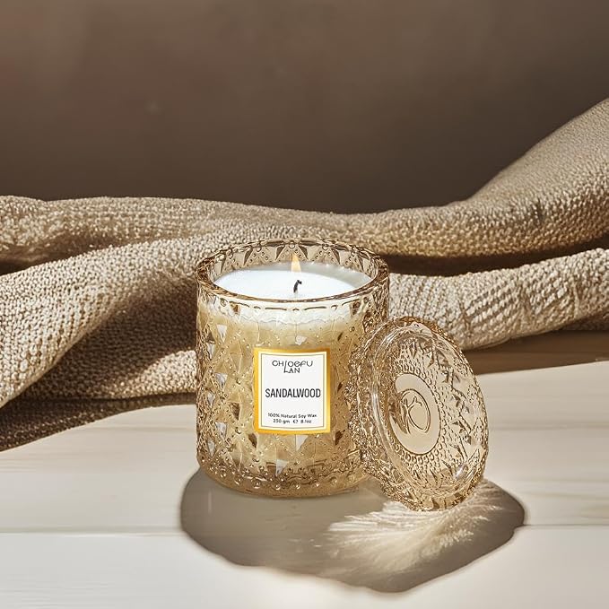 Sandalwood Candle, Dad Gifts Candle, Natural Soy Scented Candles for Stress Relief, 55 Hours Lasting Burning, Great Gift for Women & Men