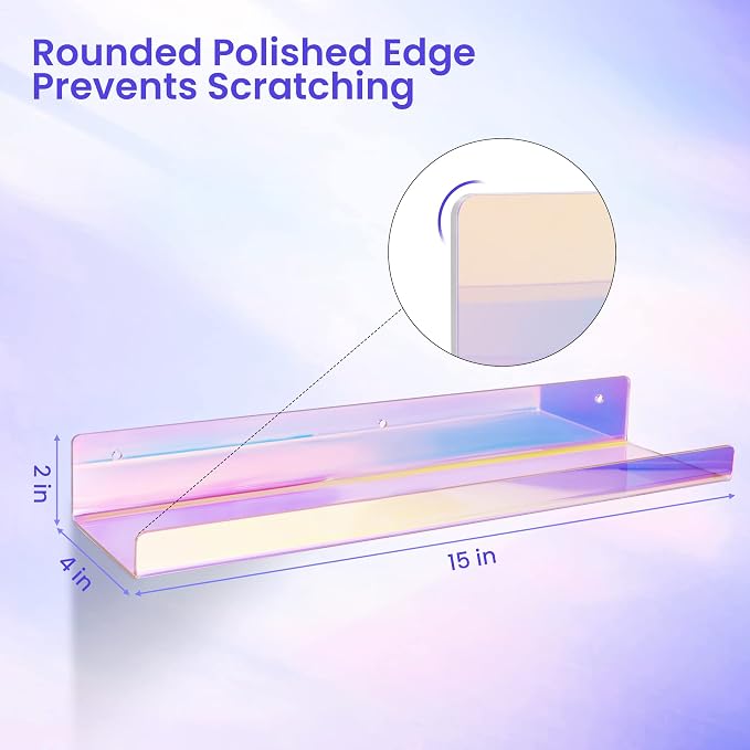 upsimples 4 Pcs 15" Iridescent Acrylic Shelves for Wall Decor and Display | Cute Floating Shelf for Perfume, Skincare, Nail Polish, Wall Organizer for Bedroom, Living Room, Playroom, Room Décor