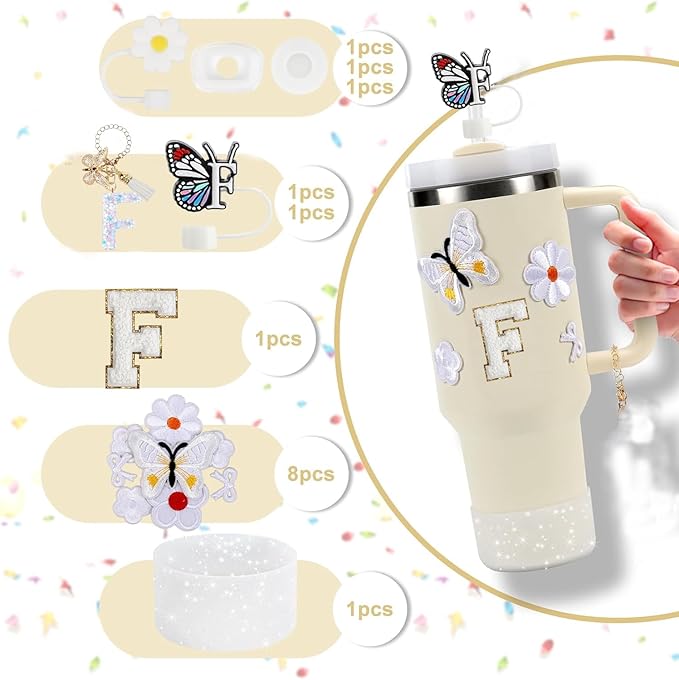 15PCS Cup Accessories Set for Stanley Cup 30oz 40oz Tumbler with Handle, Including Silicone Straw Cover and Boot, Spill Proof Stopper, Stanley Charms, Handle Charm, Initials Sticker