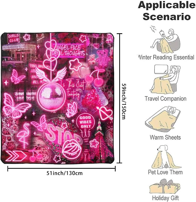 Blacklight Pink Collage Throw Blankets UV Reactive Aesthetic Throw Blanket Glow in the Dark Under Black Lights Game Room Decor Soft Throw Gifts 59x51 Inches