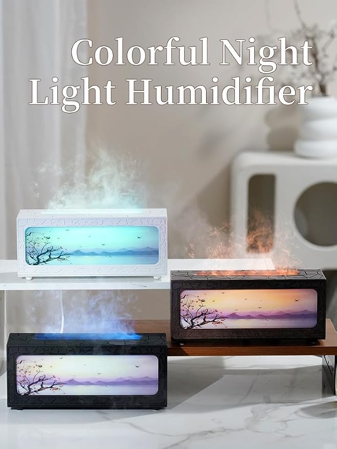 Essential Oil Diffusers Ultrasonic Fireplace Flame Aromatherapy Diffuser, Auto Shut-Off, Timer Setting, 7 Colors LED Lights Changing for Home, Office, Spa 200ml (Black)