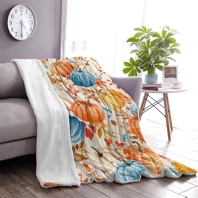 Fall Pumpkins Throw Blanket, Autumn Orange White Blue Pumpkins Leaves and Berries Soft Warm Fleece Blanket for Living Room Couch Bed Chair or Dorm, 40"x50"