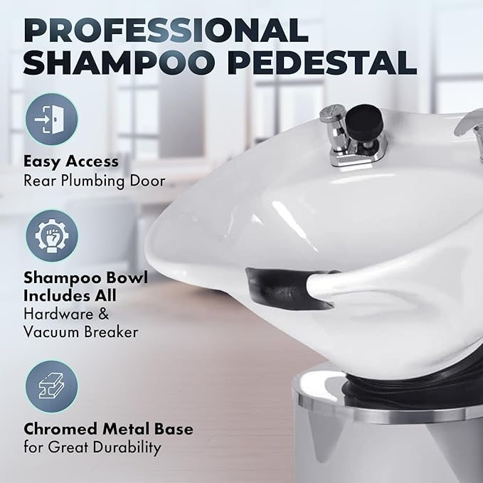 Buy-Rite Paris Pedestal Shampoo Unit with stainless steel base, white tilting porcelain bowl, faucet, spray hose, drain, and vacuum breaker – durable professional salon equipment.