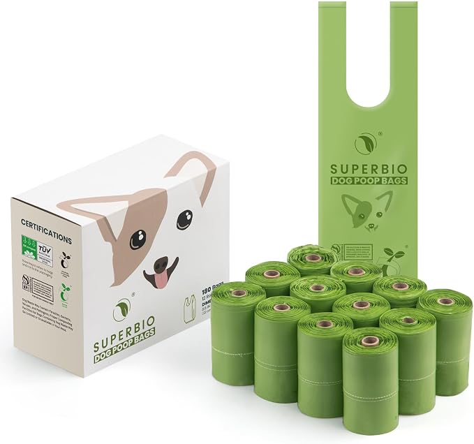 SUPERBIO Handle Tie Dog Poop Bags, 12 Rolls, 180 Bags | Strong, ASTM D6400, OK compost INDUSTRIAL