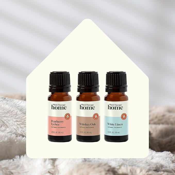 Plant Therapy Home Natural Fragrance Set of 3, Pearberry Lychee, Whiskey Oak, & White Linen 10 mL (1/3 oz) Each