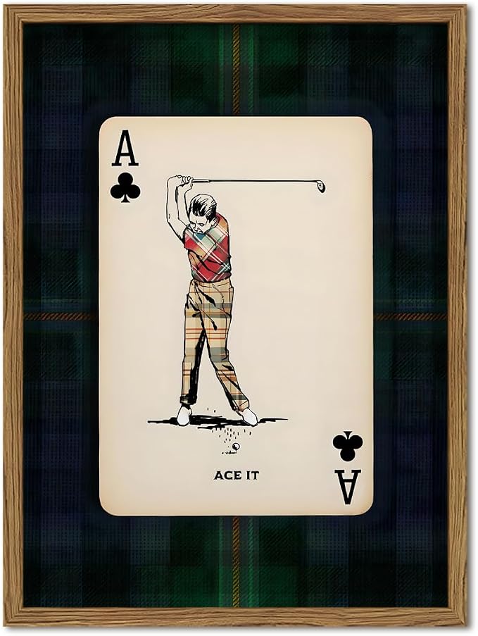 Vintage Golf Wall Art, Playing Card Golfer Sports Wall Decor Paintings Retro Navy Plaid Canvas Prints Picture for Bedroom Living Room Man Cave Country Club 16x24 inch Wood Framed