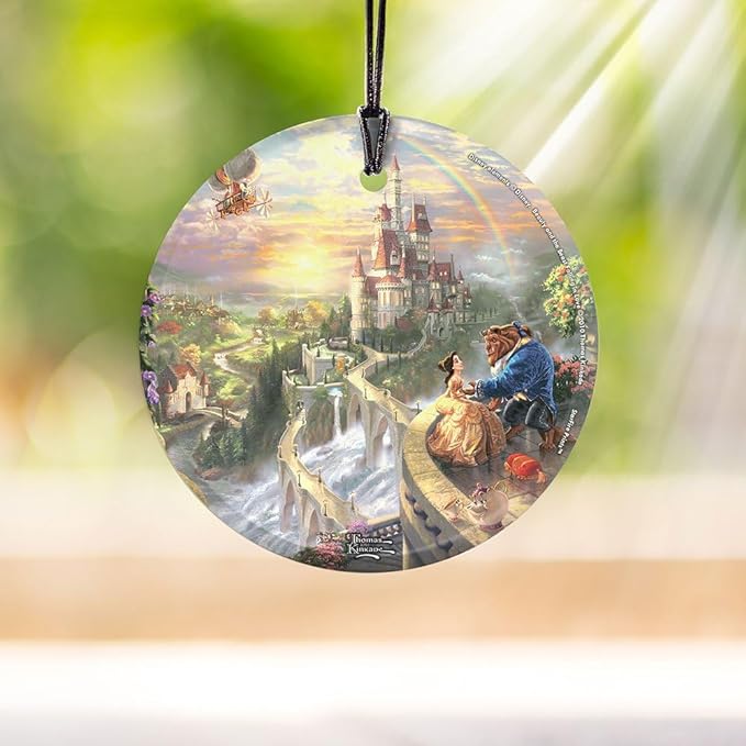 Disney - Beauty and The Beast - Falling in Love by Thomas Kinkade - 3.5” Starfire Prints Hanging Glass Print Accessory | Arrives in a Velveteen Gift Bag SPCIR376