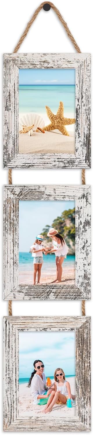 QUTREY 4x6 Picture Frames Collage, 3 Openings 4 x 6 Vertical Hanging Photo Frames Display 4 by 6 inch Pictures for Wall Decor, Distressed White