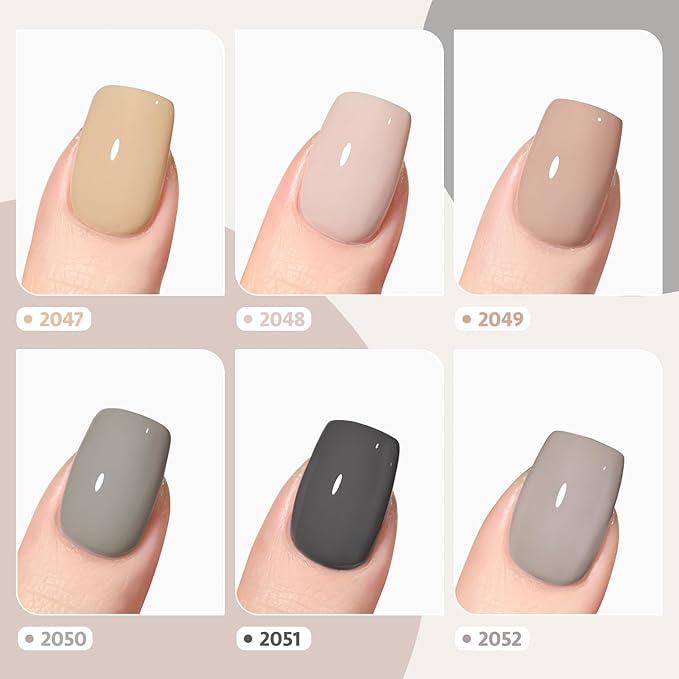 GAOY Gray Gel Nail Polish Set, 6 Colors Nude Brown Beige Soak Off UV Light Cure Gel Polish Kit for Salon and Nail Art DIY at Home