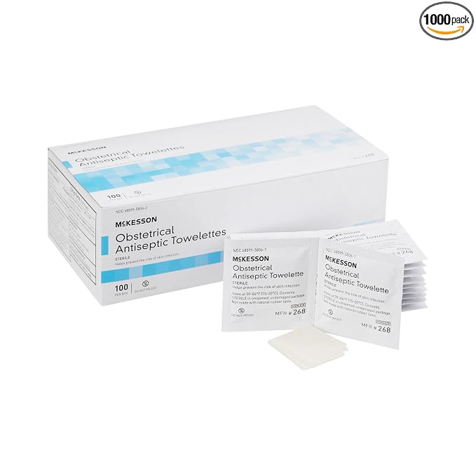 McKesson Obstetrical Antiseptic Towelettes Wipes, Sterile, Individual Packet, Clean Scent, 100 Count, 10 Packs, 1000 Total