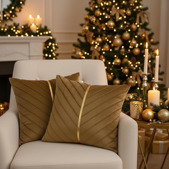 Velvet Throw Pillow Covers 24x24 inch Pack of 2 Gold Decor Brown | Soft Solid Pillow Covers,Modern Luxury Home Decor,for Couch Chair Sofa Bedroom Livingroom,Hidden Zipper,Ideal Gift,Easy Care
