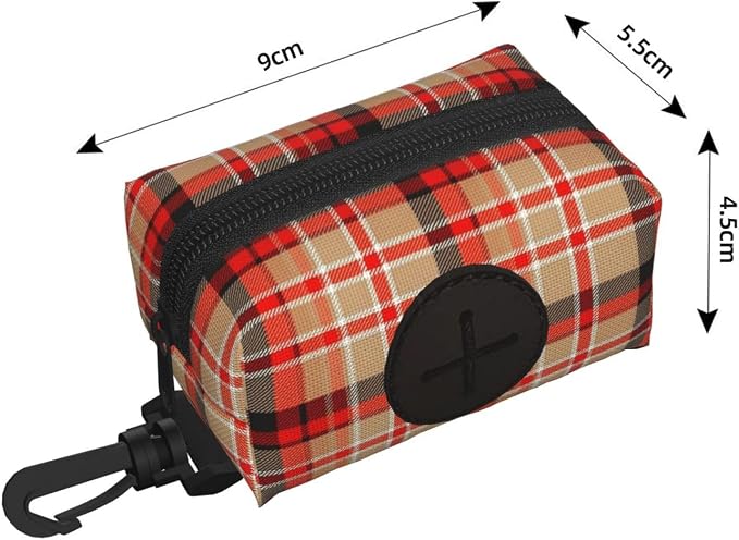 Dog Waste Bag Dispenser Pet Poop Bags Holder Zipper Red Beige Tartan Plaid Pattern Small Doggy Puppy Pouch for Leash Accessory