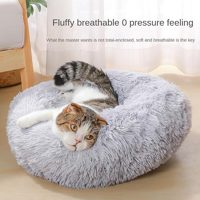 Fluffy Calming Cat Beds for Indoor Cats - Washable Round Dog Beds for Small Medium Dogs, Anti Anxiety Plush Faux Fur Pet Bed