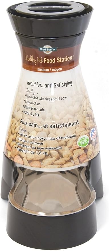 PetSafe Healthy Pet Food Station, 4 lb Gravity Feeder, Cats & Dogs, Medium | Dry Food Dispenser, Removable Stainless Steel Bowl Is Dishwasher Safe, Space-Saving Design
