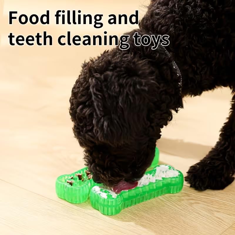 Interactive Dog Bone Toy, Green TPR Rubber, 6.3 Inch Dental Chew with Hidden Treat Compartment, Puzzle Food Dispenser for Small and Large Dogs (Green, Large)