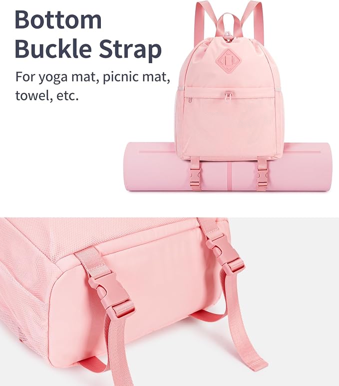WANDF Drawstring Backpack for Women, Lightweight Gym Bag with Yoga Mat Strap, Water-Resistant String Backpack with Mesh Pocket (Pink, Patent Pending)