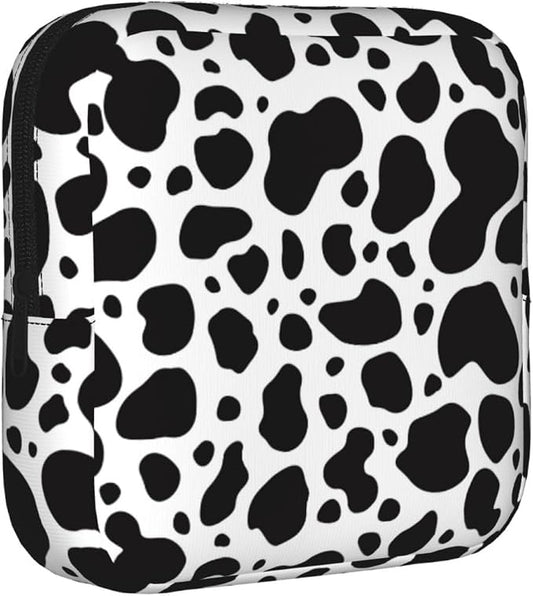 Black And White Cow Print Period Bag For Women,Portable Sanitary Napkin Period Pad Pouch For Purse, Small Make Up Bags