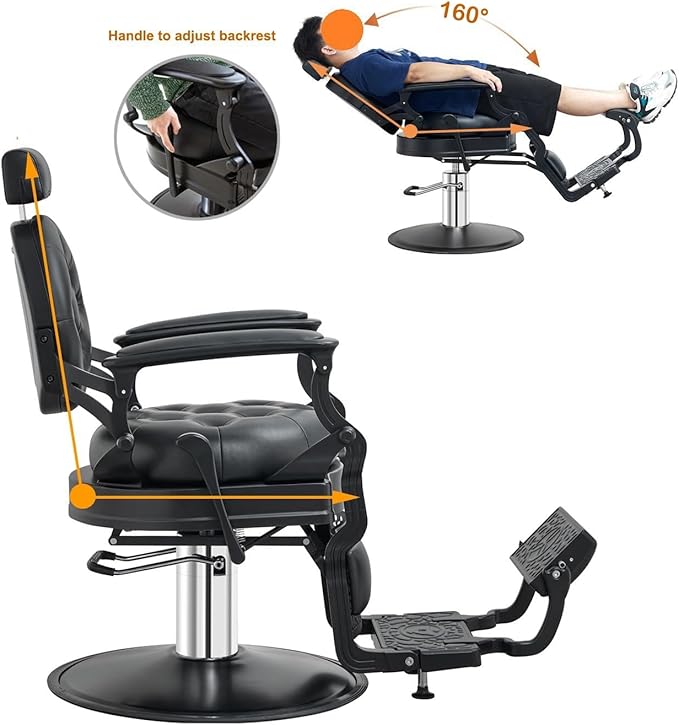 Kaleurrier Hair Salon Chair for Stylist: Professional Height Adjustable Black Barber Chairs for Barbershop for Home - Vintage Heavy Duty 700lbs Hydraulic Recliner