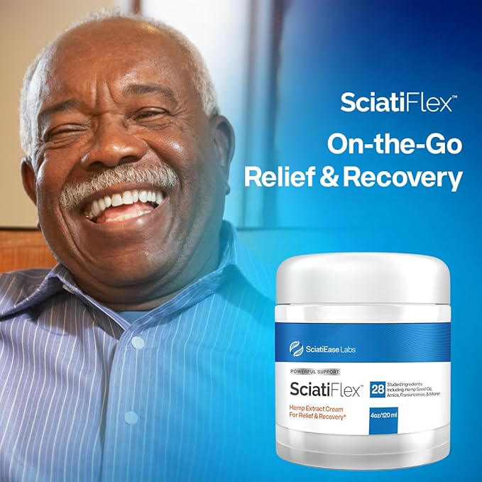 SciatiFlex Topical Sciatic Cream - Maximum Strength for Sciatic Nerve Discomfort in The Lower Back, Hips, Buttocks, Legs and Feet - Hemp Cream with Arnica Extract, Shea Butter, Aloe Vera - 4oz