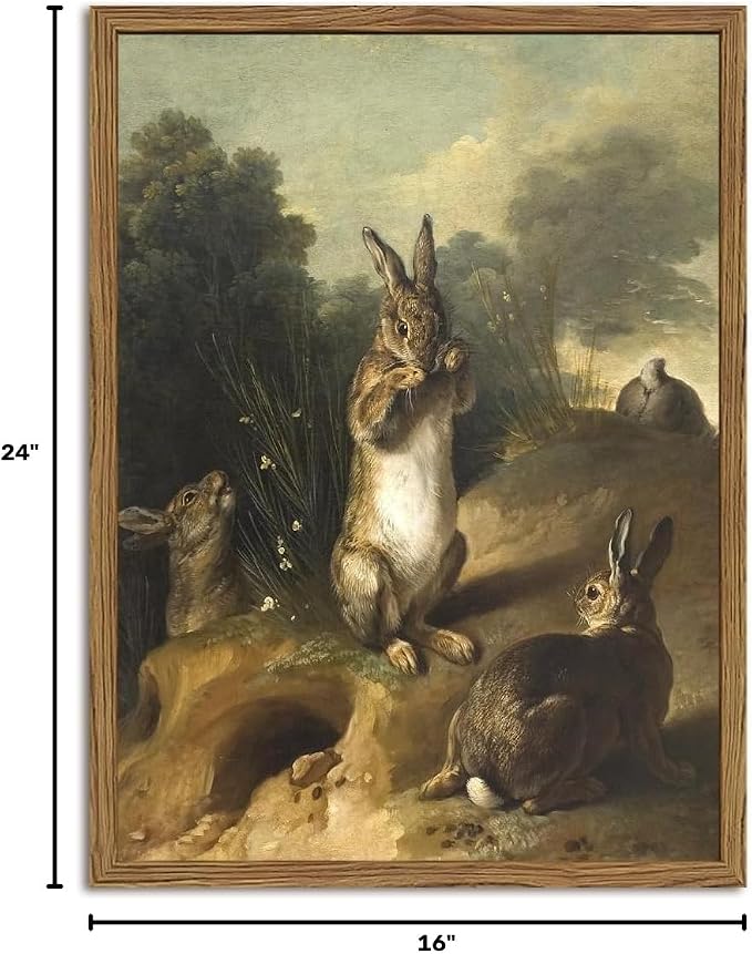 Vintage Easter Rabbit Wall Art, Rustic Bunny Wall Decor Painting Cottagecore Animal Poster Canvas Prints Picture for Living Room Farmhouse Bedroom 16x24 inch Wood Framed