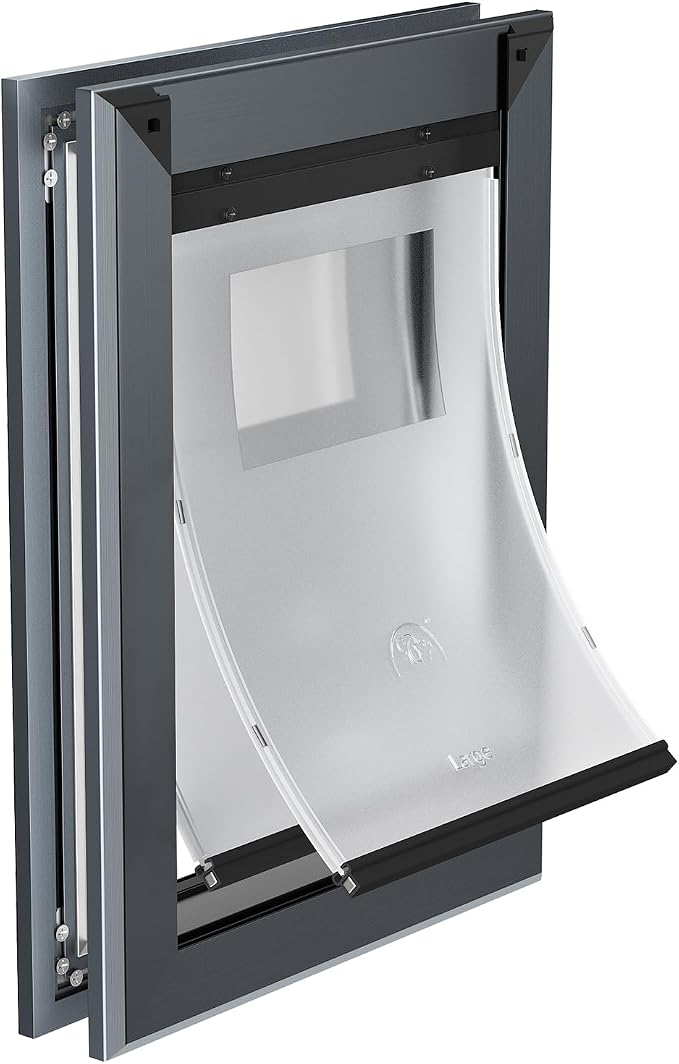 MAVRICFLEX Heavy Duty Aluminum Dog Door for Door, Large, Dark Gray | Large Dog Door with 2 Sliding Lock Panels & Magnetic Soft Flaps, Energy Efficient Design for large Dogs Up to 90 LBS
