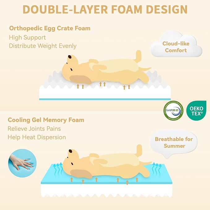 Orthopedic Washable Dog Bed for Large Dogs, 36x27in, Light Grey | Orthopedic Foam Eases Joint Pressure, Bolsters Supports Head And Neck, Washable Pet Beds, Removable Cover, Non-Slip Bottom