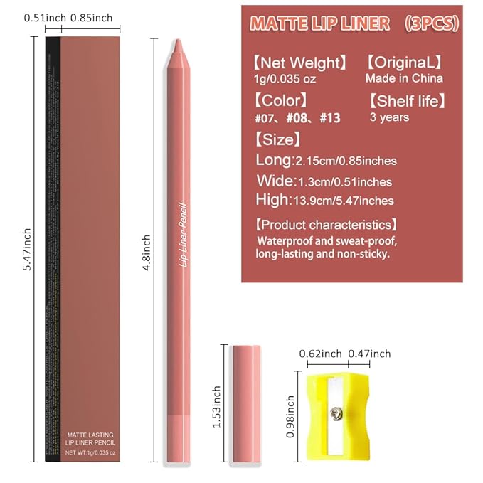 evpct 3Pcs Neutral Pale Orange Red Matte Long Lasting Wear Lip Liner Pencils Makeup Set for Shaping & Sculpting Lips, No Transfer Waterproof Pigmented Lip Liner Crayon lipliners Lipstick Pencil 7+8+13