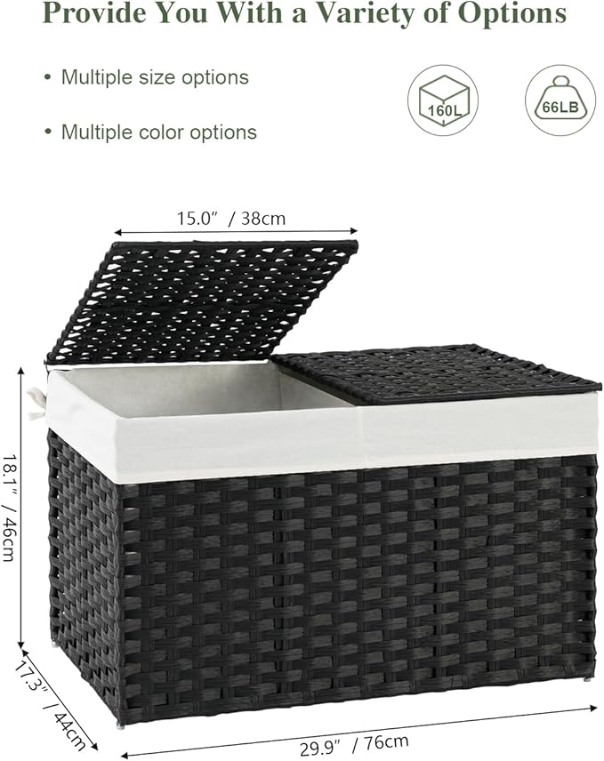 SETVSON Storage Basket with Lid Wicker Baskets for Storage, 160L Black | 42.3 Gallon Dual Lid Jumbo Blanket Storage Trunk, Divided Clothes Organizer, 2 Washable Liner Bags, Collapsible PE Rattan Bin