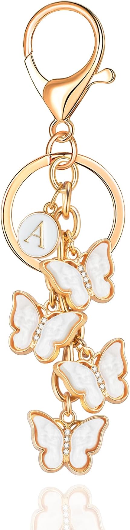 XGALBLA White Pink Black Cute Butterfly Initial Letter Keychain for Women, Butterfly Bag Charms Keyring for Handbags Backpack