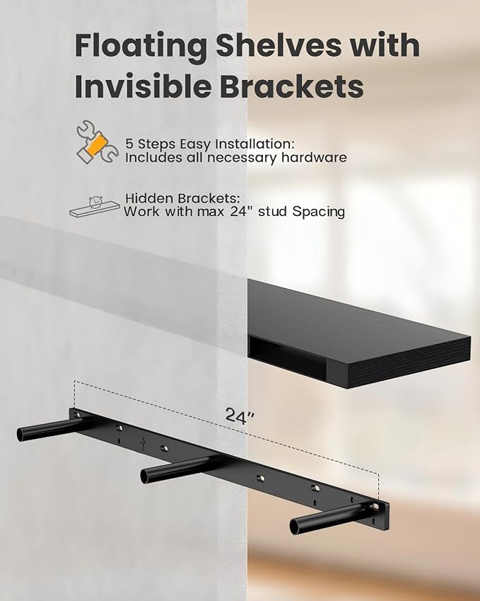AMADA HOMEFURNISHING Floating Shelves, Wall Shelves for Living Room, Bedroom, Bathroom, Kitchen & Home Office Organization, Bathroom Shelves with Hidden Brackets, 22 lbs Max Load, Black, AMFS45B
