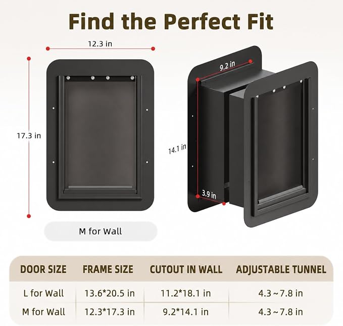 URSPET Medium Dog Door for Wall, 3-Flap Insulated, Steel Frame, Black | 8.25 x 12.25 in Usable Opening, For 4.3-7.8 in Walls, Compatible with PetSafe Wall Cutouts, Lock Panel, Replaceable Flaps