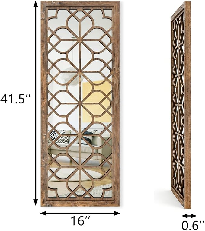 Set of 2 16x41.5 Inch Large Carved Floral Wood Frame Wall Mirrors, Shatterproof Boho Farmhouse Rustic Accent Mirrors for Living Room, Bedroom, Bathroom, Entryway & Home Wall Decor，Maroon