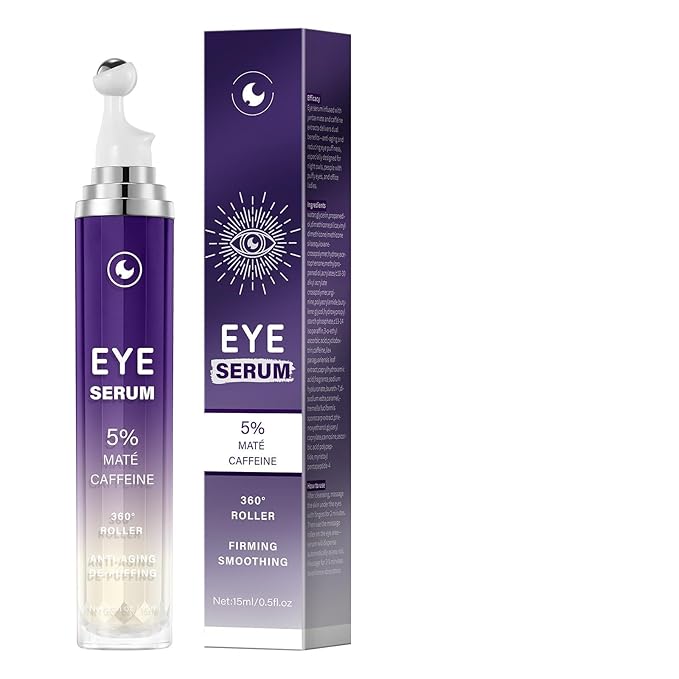 Eye Serum with 5% Mate Caffeine, Under Eye Cream for Puffy Bags Fine Lines Dark Circles Wrinkles, 360° Roller Massage Ball Eyes Treatment Serum Brightens Tired Eyes 5ml 0.5 fl. oz